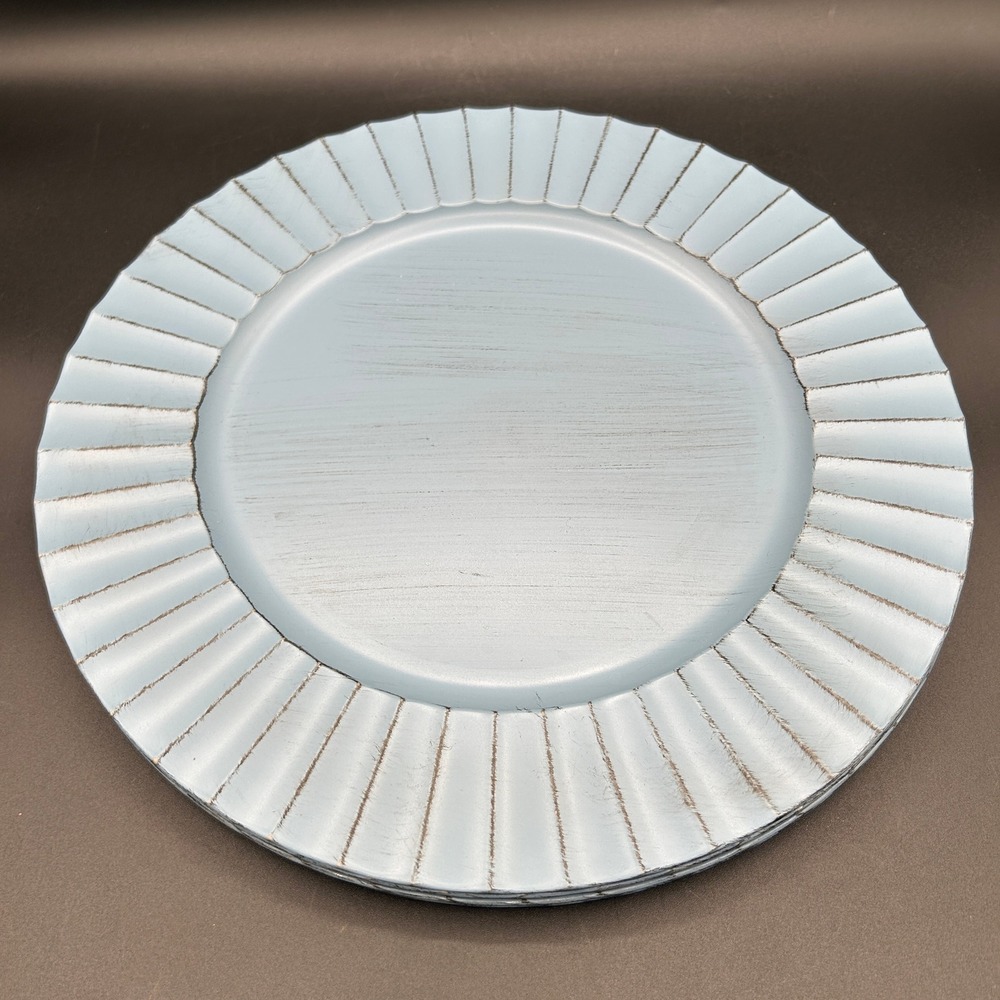 Set of 4 Light Blue Distressed Fluted Charger Plates 13" Beach Coastal Farmhouse